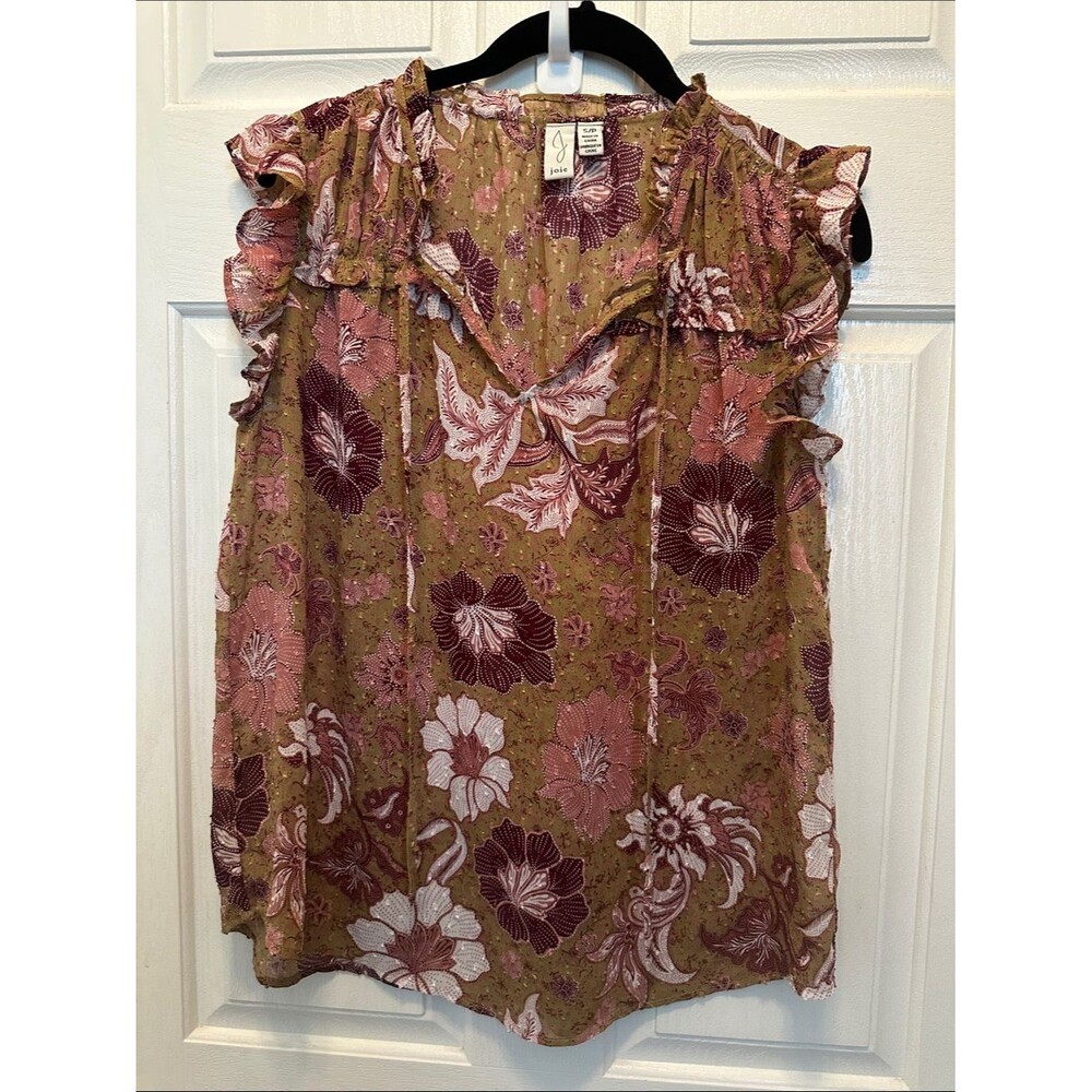 Joie Olive Brown Floral Ruffle Cap-Sleeve Lightweight Blouse Size Small
